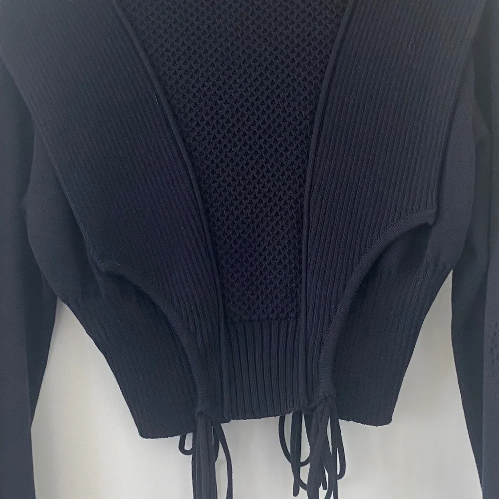 Fendi Knitwear Pullover- Tie-Detailed Paneled Cotton Sweater- Navy Blue - Picture 2 of 6